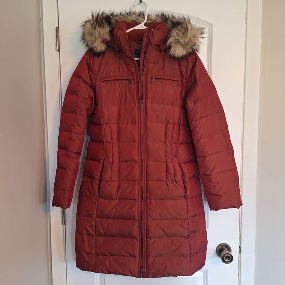 Lands' End Jackets & Blazers - Lands' End Women's Brick Red Puffer Coat with Faux Fur Hood